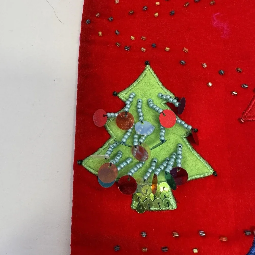 Vintage Christmas Stocking Red Embellished Trees Embroidery‎ Beaded